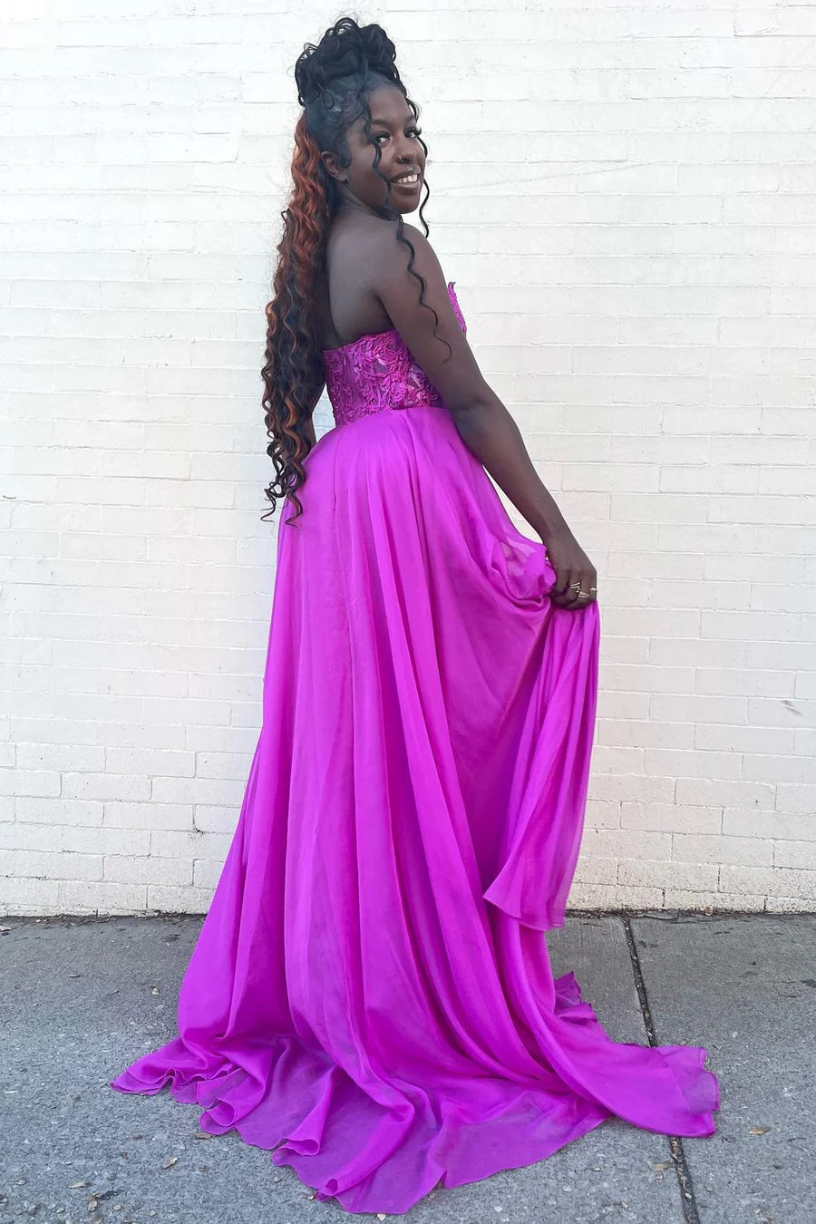 Magenta Chiffon Appliques Strapless A-Line Long Prom Dress