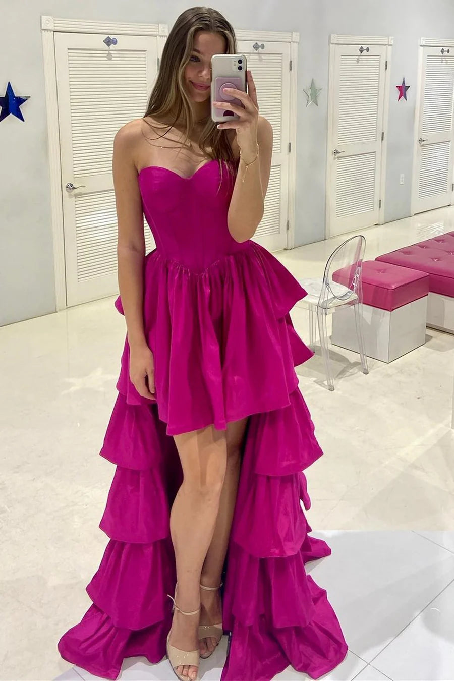 Magenta Sweetheart Ruffle Tiered High-Low Prom Dress