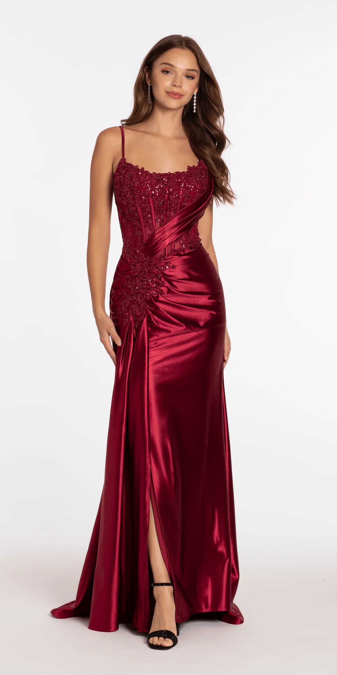 Elegant spaghetti strap evening dress with beaded lace corset bodice, ruched satin skirt, high slit and train