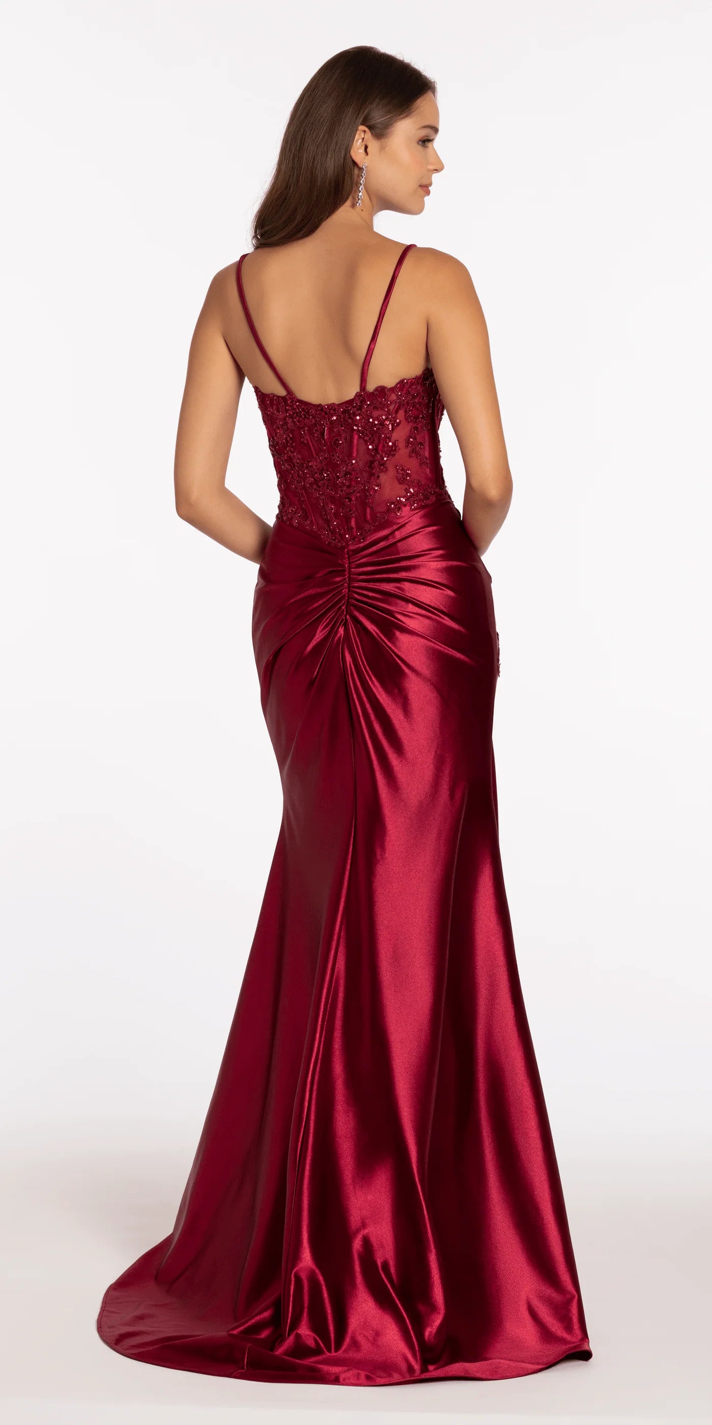 Elegant spaghetti strap evening dress with beaded lace corset bodice, ruched satin skirt, high slit and train
