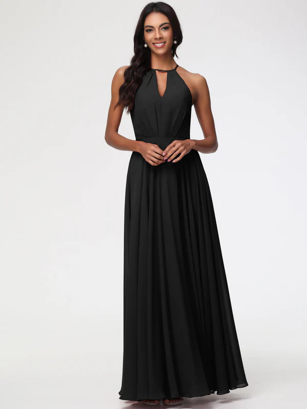 Black Halter A-Line Sleeveless Floor Length Chiffon Party Dresses