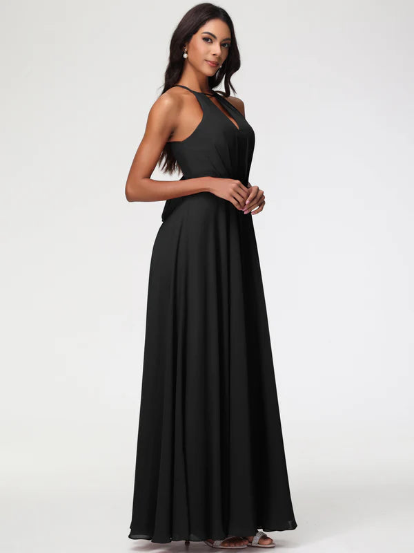 Black Halter A-Line Sleeveless Floor Length Chiffon Party Dresses