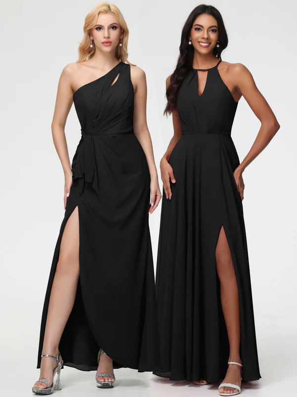 Black Halter A-Line Sleeveless Floor Length Chiffon Party Dresses