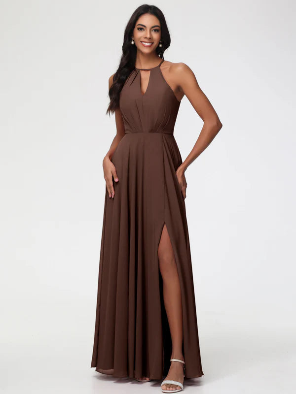 A-Line Sleeveless Floor Length Chiffon Party Dresses