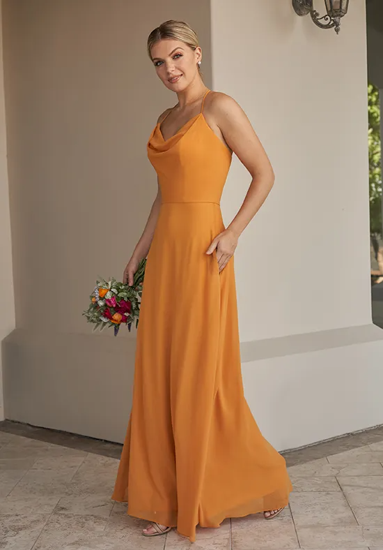 Marigold Chiffon Cowl Neck Thin Spaghetti Multi-Strap Open Back A-Line Pocket Floor Length Bridesmaid Dresses