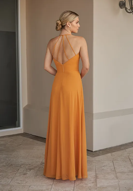 Marigold Chiffon Cowl Neck Thin Spaghetti Multi-Strap Open Back A-Line Pocket Floor Length Bridesmaid Dresses