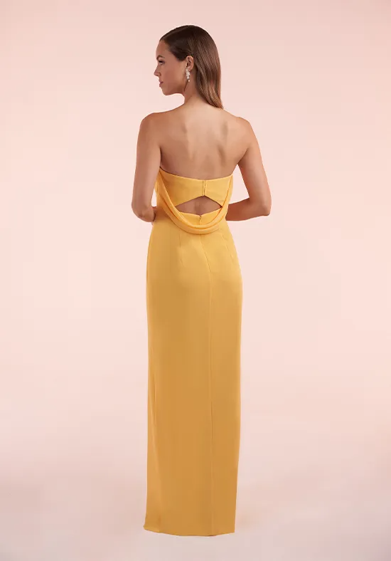 Marigold Crepe Strapless Back Cutout Draped High Slit Column Floor Length Bridesmaid Dresses