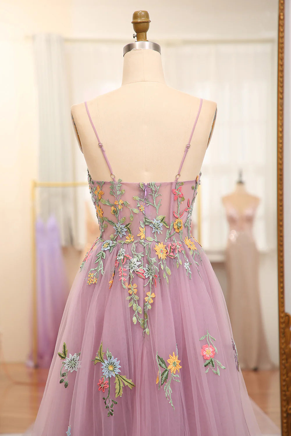 Mauve A Line Spaghetti Straps Tulle Long Prom Dress With Embroidery