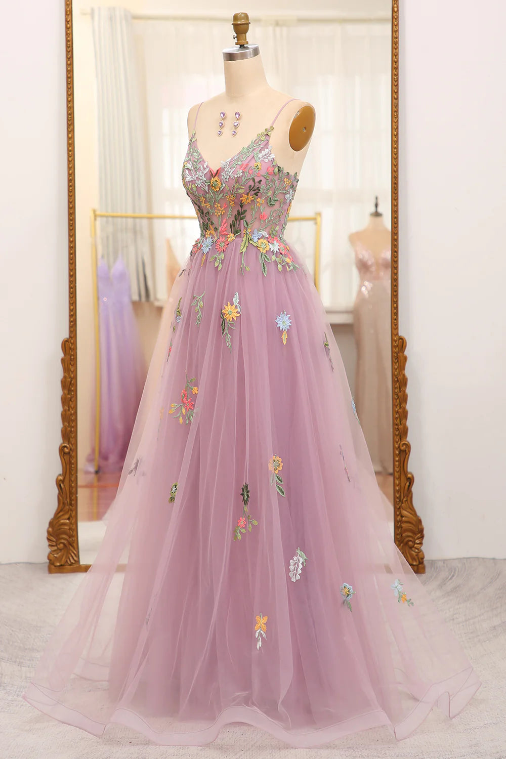 Mauve A Line Spaghetti Straps Tulle Long Prom Dress With Embroidery