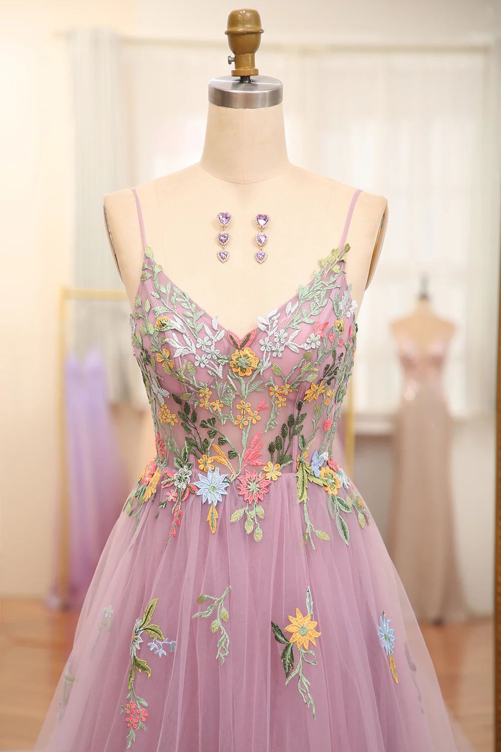 Mauve A Line Spaghetti Straps Tulle Long Prom Dress With Embroidery