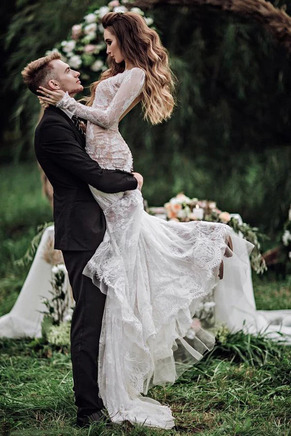 Mermaid Backless Long sleeves Lace Bohemian Wedding Dresses