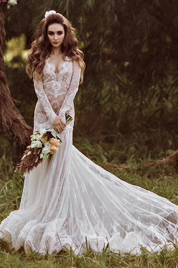Mermaid Backless Long sleeves Lace Bohemian Wedding Dresses