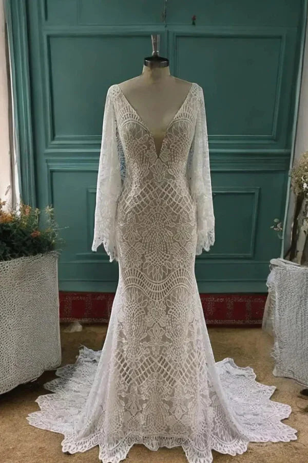 Mermaid Batwing Sleeves Boho Wedding Dress Elegant Wedding Dress