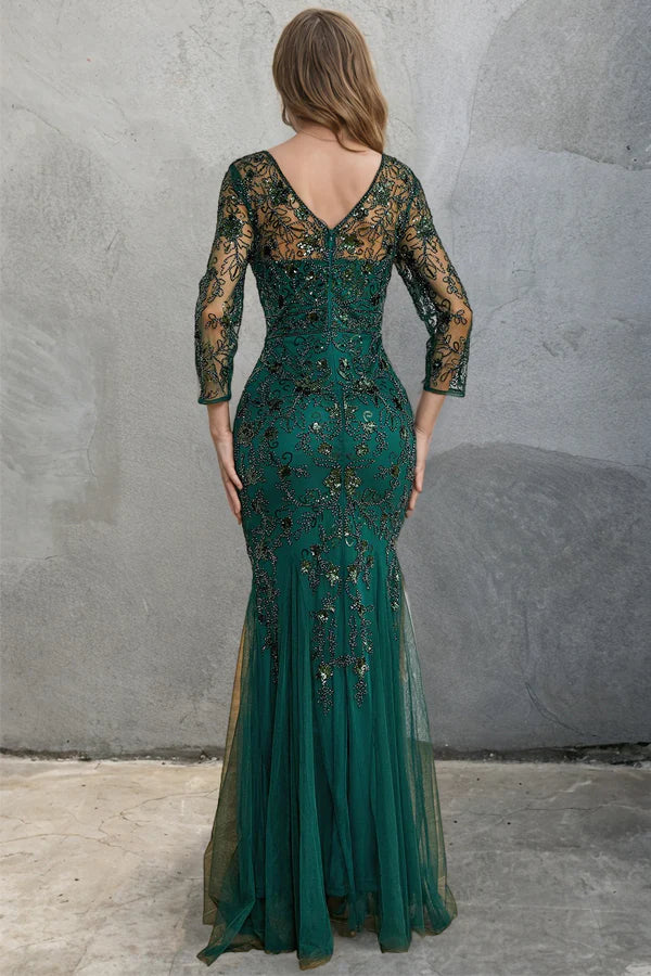 Mermaid Dark Green Long Sleeves Beading Mother of Bride Dress