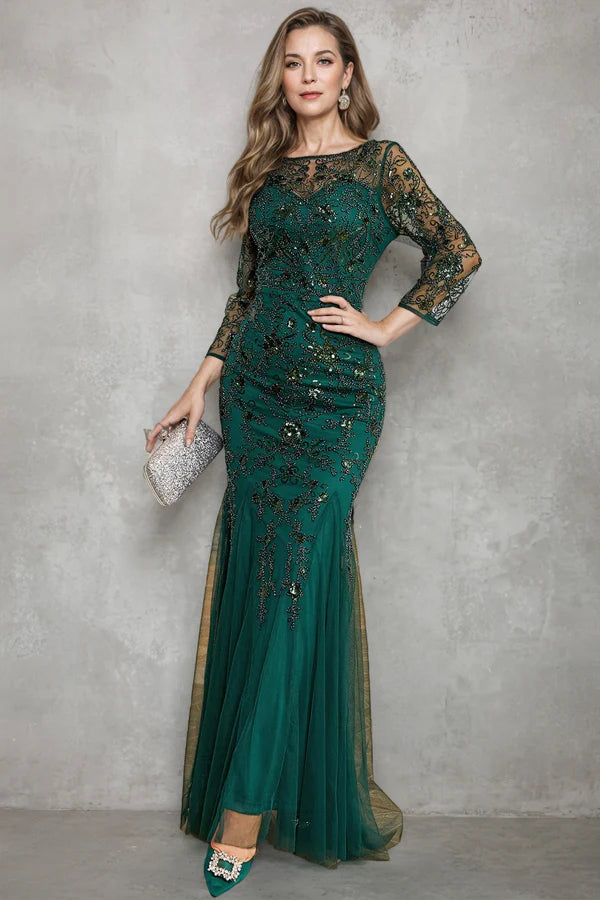 Mermaid Dark Green Long Sleeves Beading Mother of Bride Dress