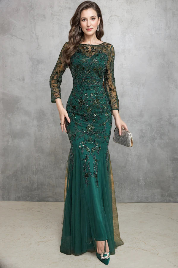 Mermaid Dark Green Long Sleeves Beading Mother of Bride Dress