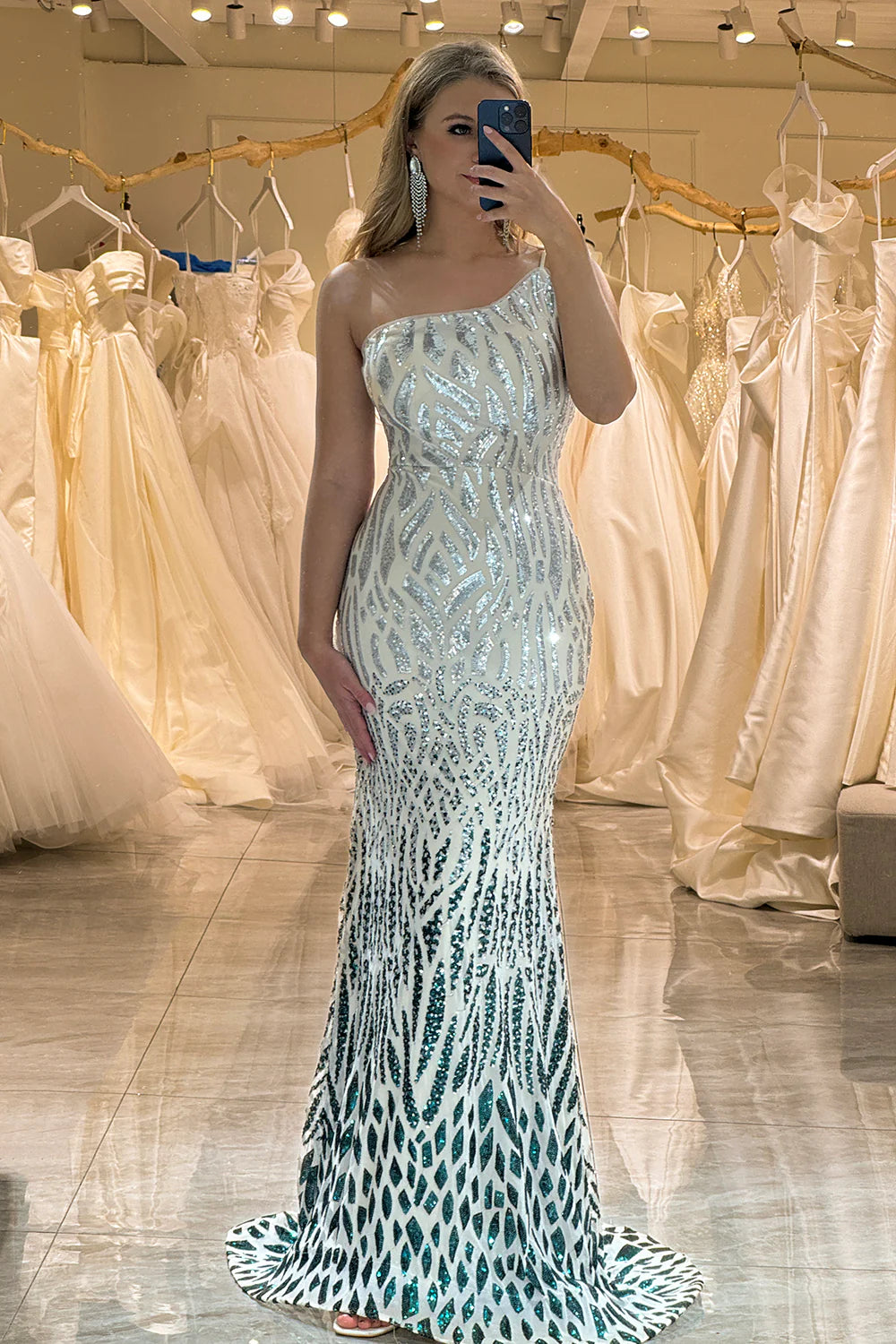 Mermaid Dark Green One Shoulder Long Sparkly Sequins Prom Dress