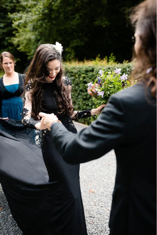 Mermaid Floral Black Wedding Dress Long Sleeve Wedding Gown