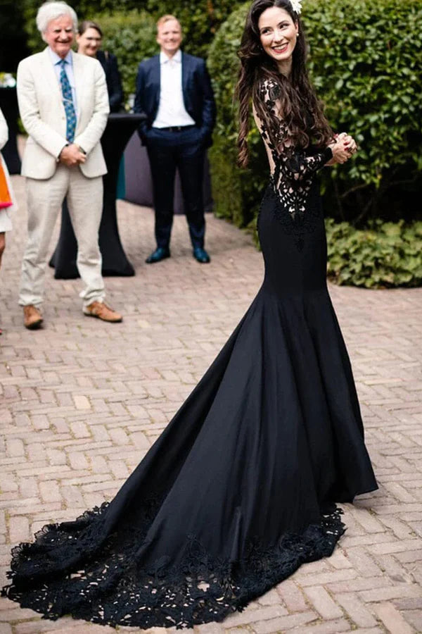 Mermaid Floral Black Wedding Dress Long Sleeve Wedding Gown