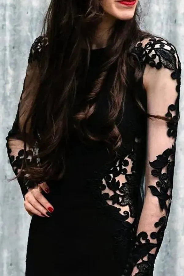 Mermaid Floral Black Wedding Dress Long Sleeve Wedding Gown