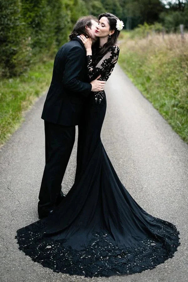 Mermaid Floral Black Wedding Dress Long Sleeve Wedding Gown