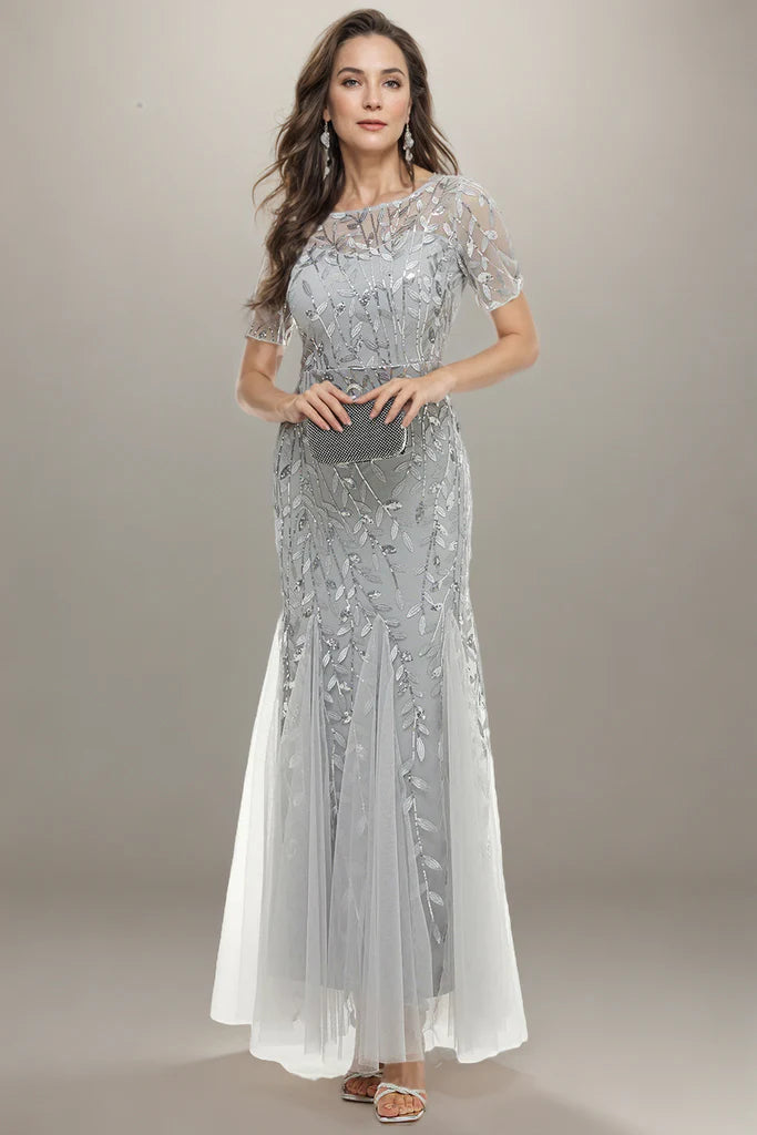 Mermaid Leaves Lace Mother Dress with Short Sleeves