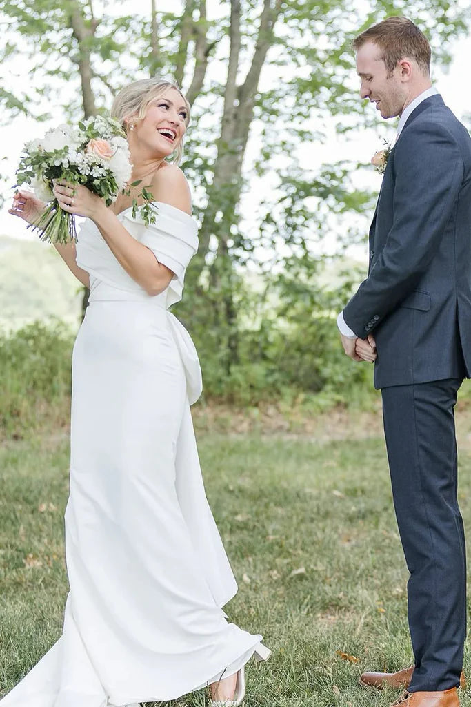 Mermaid Off the Shoulder Forest Wedding Dress with Big Bowknot