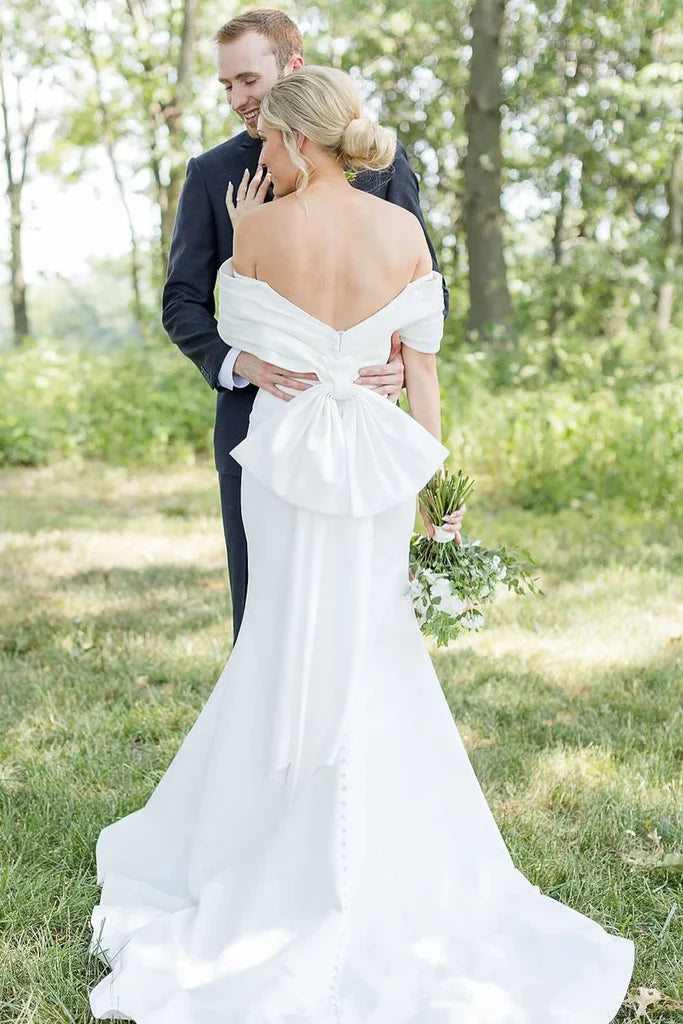 Mermaid Off the Shoulder Forest Wedding Dress with Big Bowknot