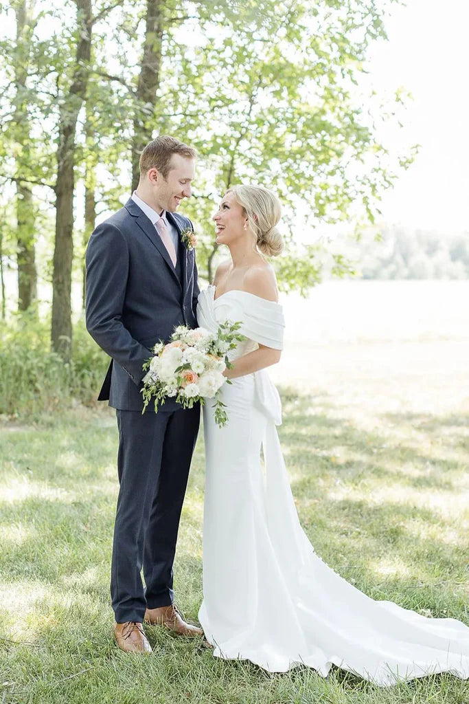 Mermaid Off the Shoulder Forest Wedding Dress with Big Bowknot