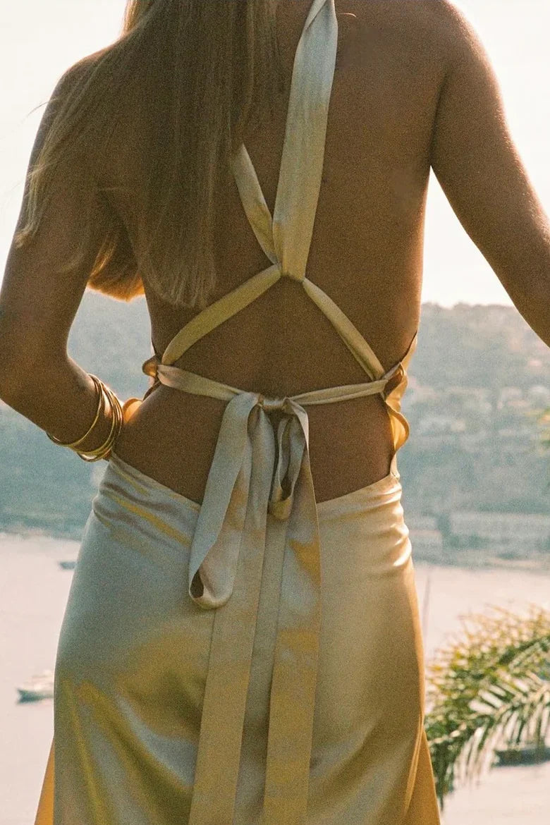 Mermaid Satin High Neck Lace Up Casual Party Evening Dress