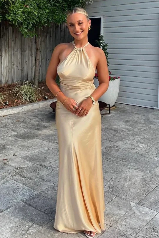 Mermaid Satin High Neck Lace Up Casual Party Evening Dress