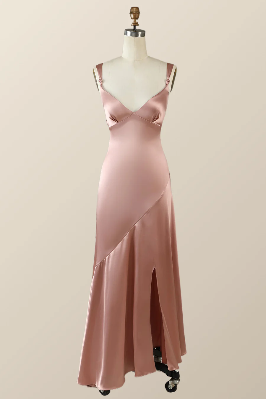 Mermaid Satin V-Neck Knotted-Straps Floor-Length Slit Bridesmaid Dress