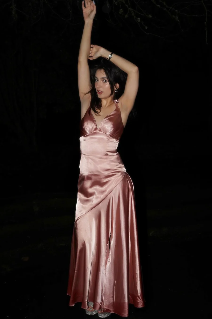 Mermaid Satin V-Neck Knotted-Straps Floor-Length Slit Bridesmaid Dress