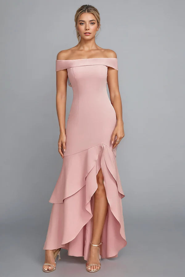 Mermaid Scoop Neck Ruffled Pink Mother of the Bride Dress
