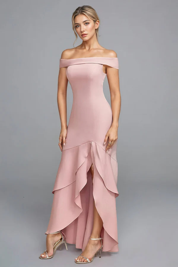 Mermaid Scoop Neck Ruffled Pink Mother of the Bride Dress
