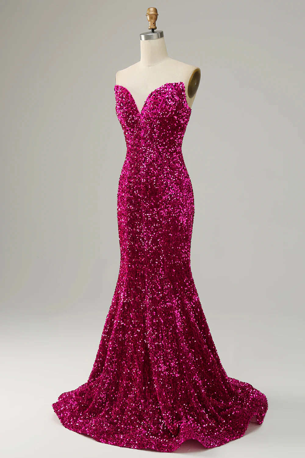 Mermaid Sequins Strapless Fuchsia Prom Dress