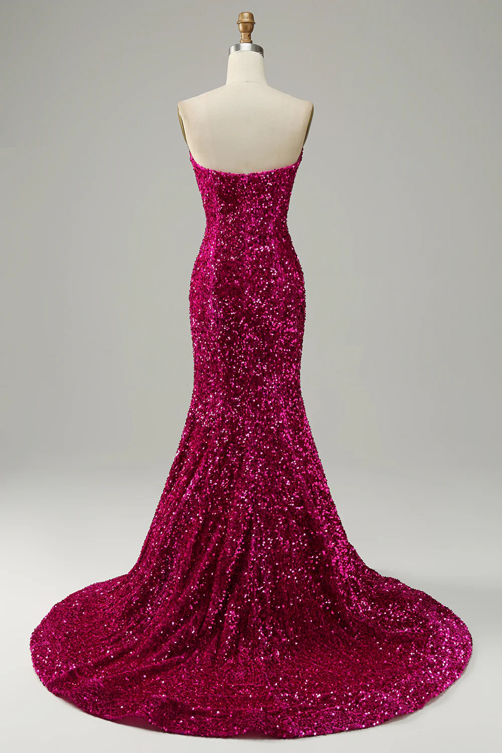 Mermaid Sequins Strapless Fuchsia Prom Dress