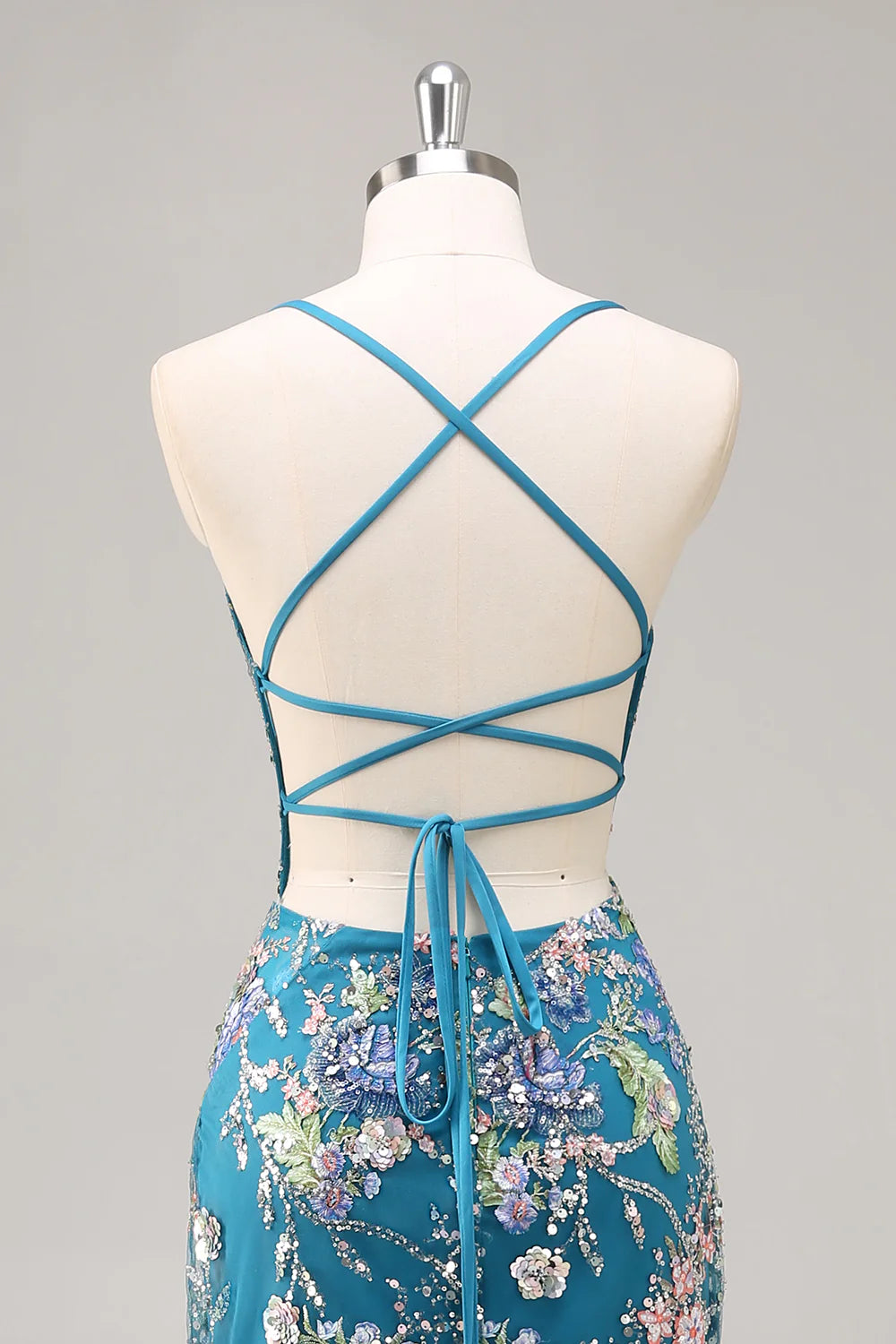 Mermaid Spaghetti Straps Sequins Peacock Long Prom Dress with Lace Up Back