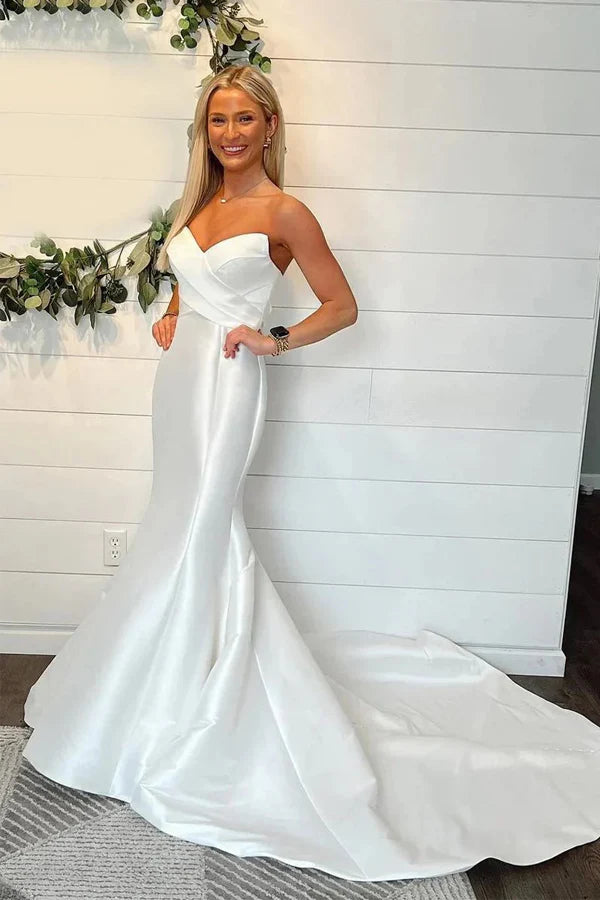 Mermaid Strapless Satin Wedding Dresses Modest Bridal Gown
