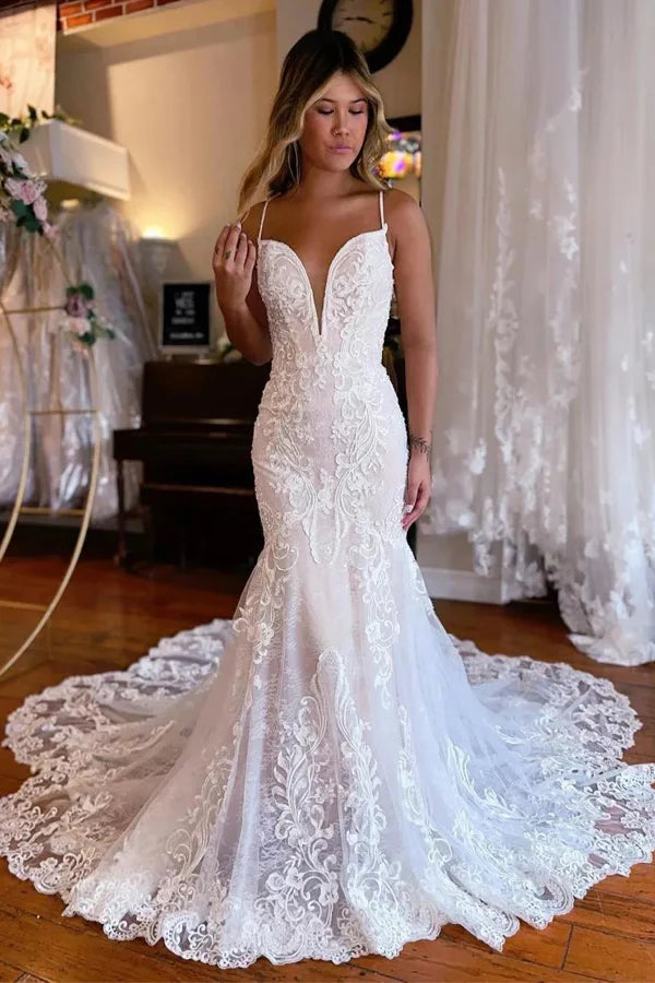 Mermaid Straps Chapel Train Boho Wedding Dress With Appliques