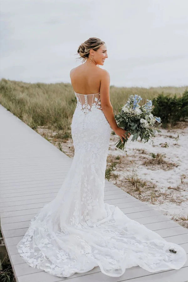 Mermaid Sweetheart Tulle Appliques Long Sleeve Wedding Dress