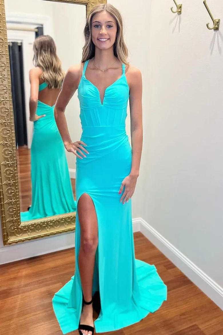 Mermaid/Trumpet V-Neck Pleats Side Slit Satin Long Prom Dress