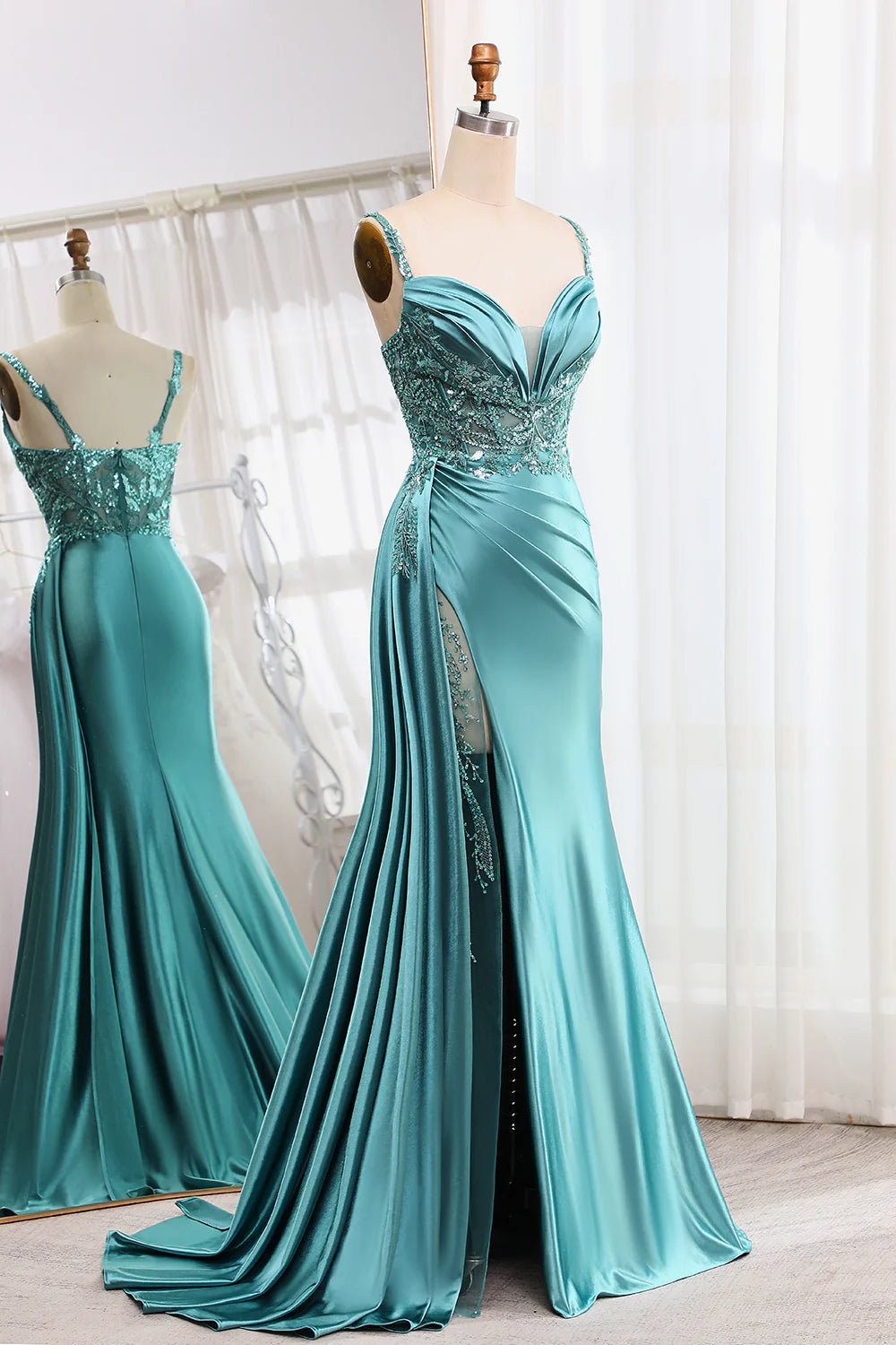 Mermaid V-Neck Satin Long Appliques Sequin Blue Prom Dress With Slit