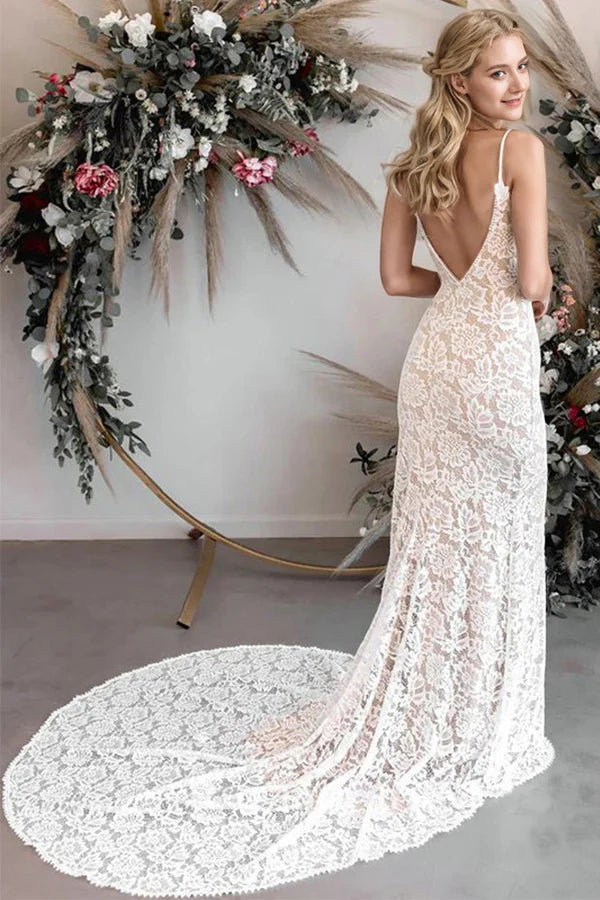 Mermaid V-Neck Spaghetti Straps Lace Boho Wedding Dress