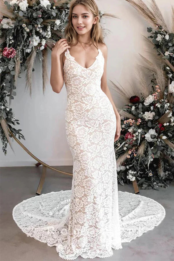 Mermaid V-Neck Spaghetti Straps Lace Boho Wedding Dress