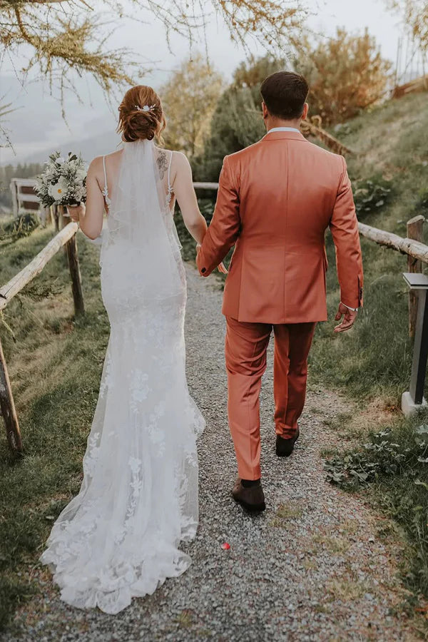 Mermaid V Neck Bohemian Wedding Dress with Lace Appliques