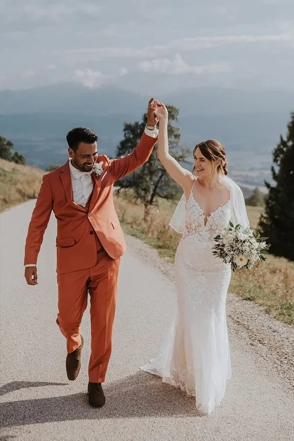 Mermaid V Neck Bohemian Wedding Dress with Lace Appliques