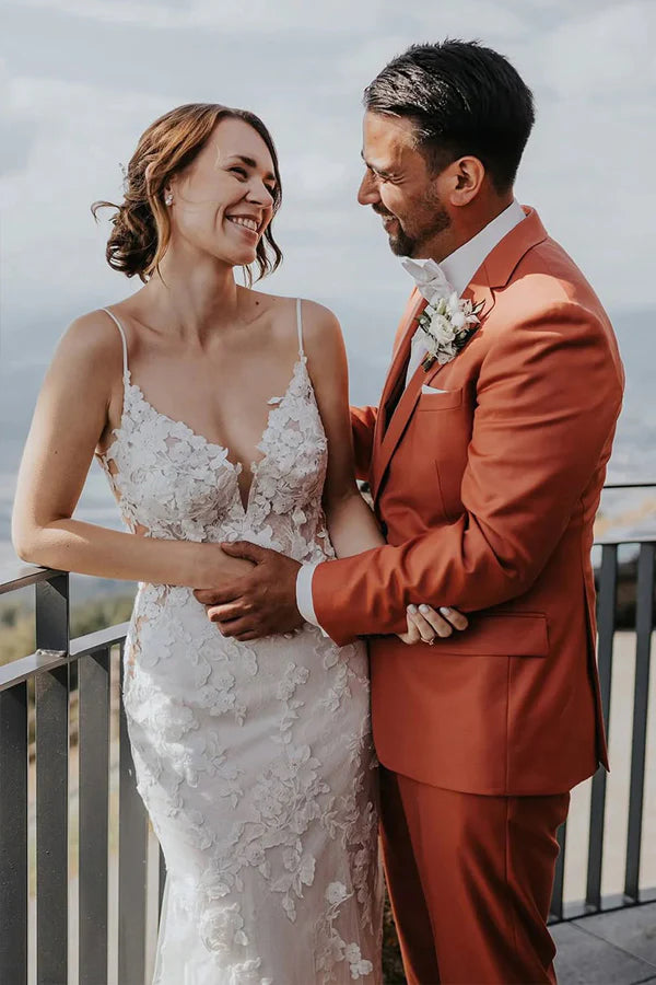 Mermaid V Neck Bohemian Wedding Dress with Lace Appliques