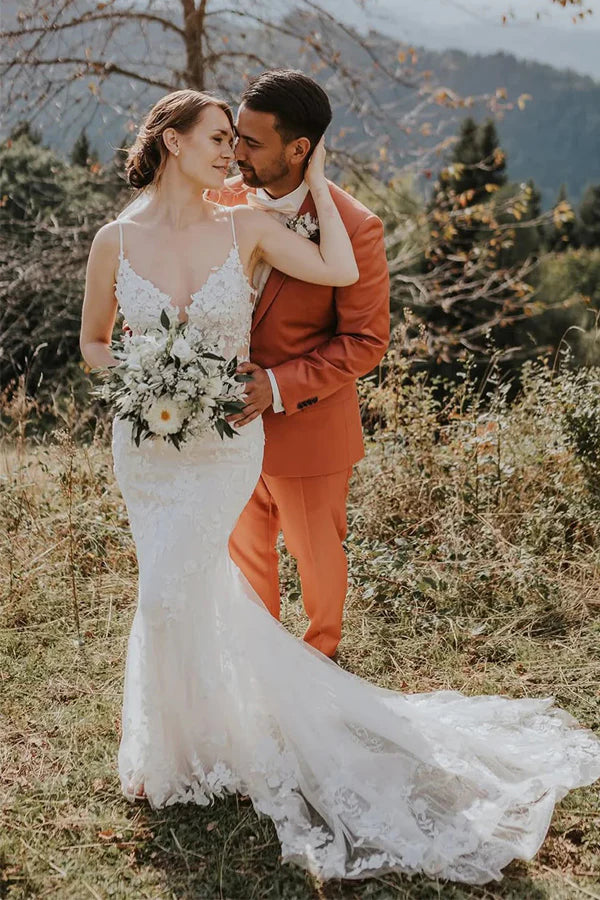 Mermaid V Neck Bohemian Wedding Dress with Lace Appliques