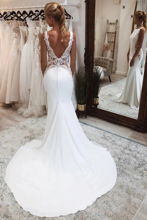Mermaid White Long Boho Wedding Dress with Court Train